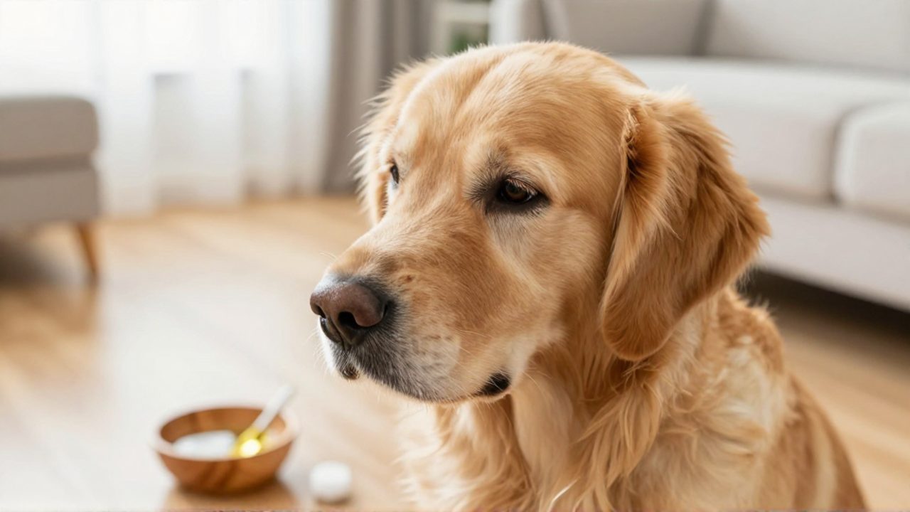 Un perro Golden Retriever inclina la cabeza con gesto de molestia mientras muestra su oreja, con un cuenco de aceites y un bastoncillo de algodón en primer plano desenfocado.