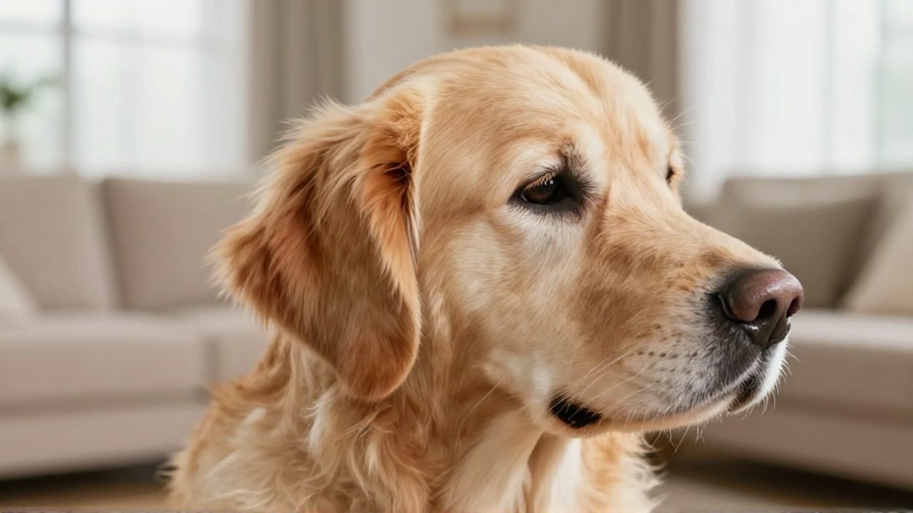 Perfil de un perro Golden Retriever con la cabeza inclinada y una ligera zona enrojecida en la base de la oreja, sugiriendo irritación.
