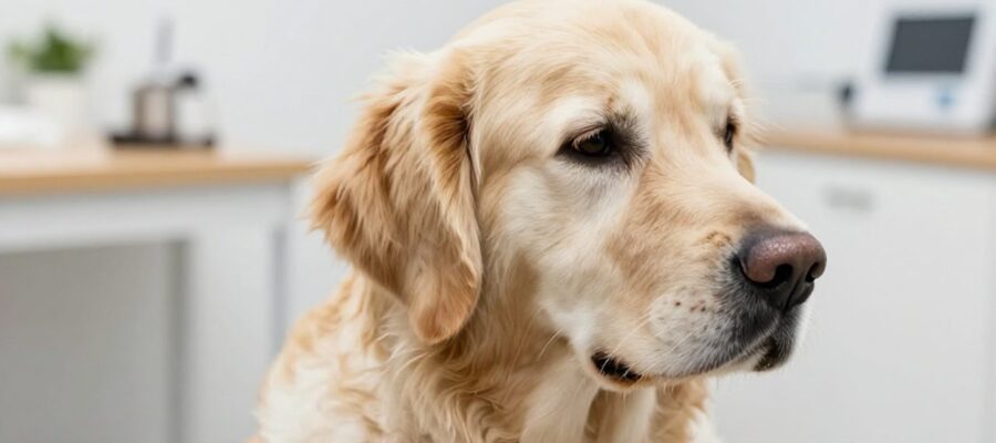 Golden Retriever con expresión de malestar en una clínica veterinaria, enfatizando la zona de su oreja.