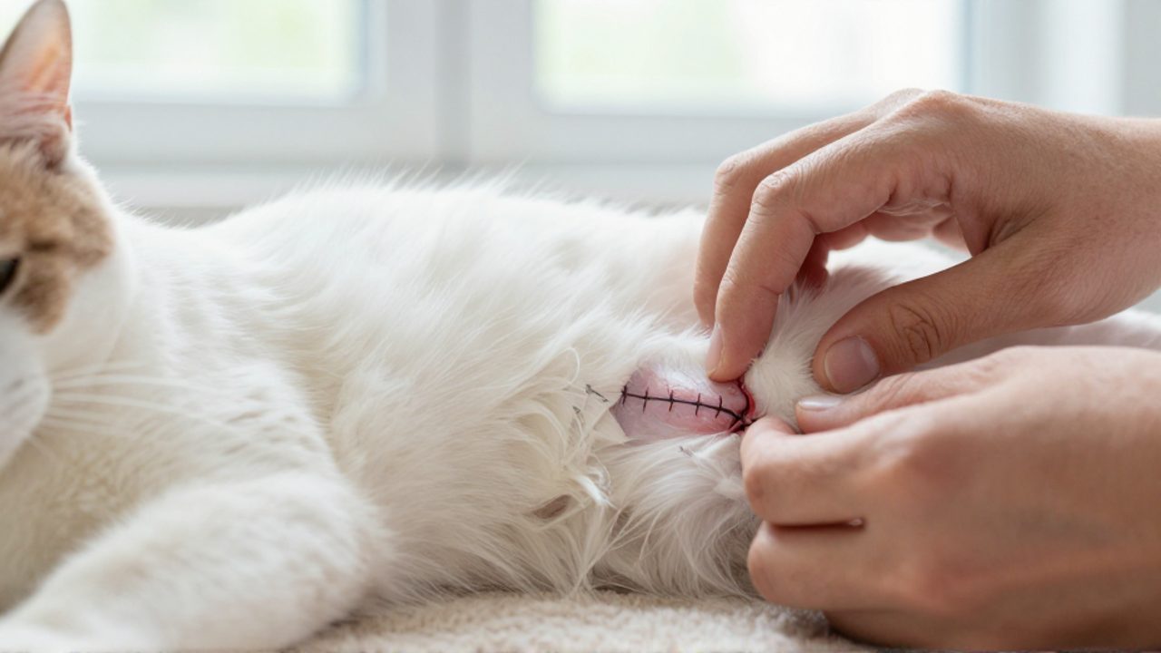 Manos humanas inspeccionan con cuidado la incisión quirúrgica en el abdomen de una gata que descansa sobre una manta suave.