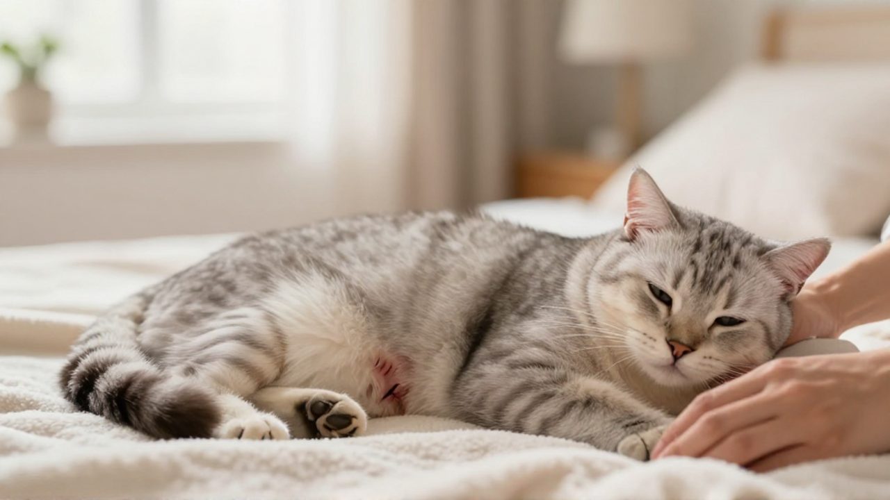 Gata descansando tranquilamente sobre una manta suave con una incisión quirúrgica limpia y visible en su abdomen bajo la supervisión de una persona.