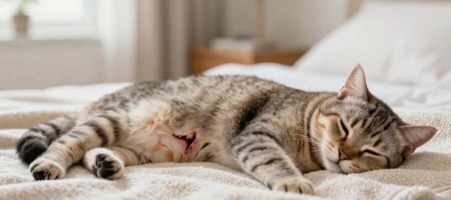 Una gata descansando tranquila sobre una manta suave con una incisión quirúrgica en el abdomen completamente cicatrizada.