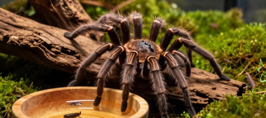 Tarántula grande sobre un tronco dentro de un terrario con un pequeño recipiente de madera que contiene agua y grillos para su alimentación.