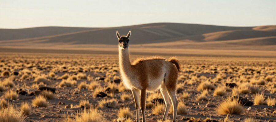 Un guanaco observa con alerta desde una vasta estepa de vegetación baja y tonos ocres bajo la luz del atardecer.