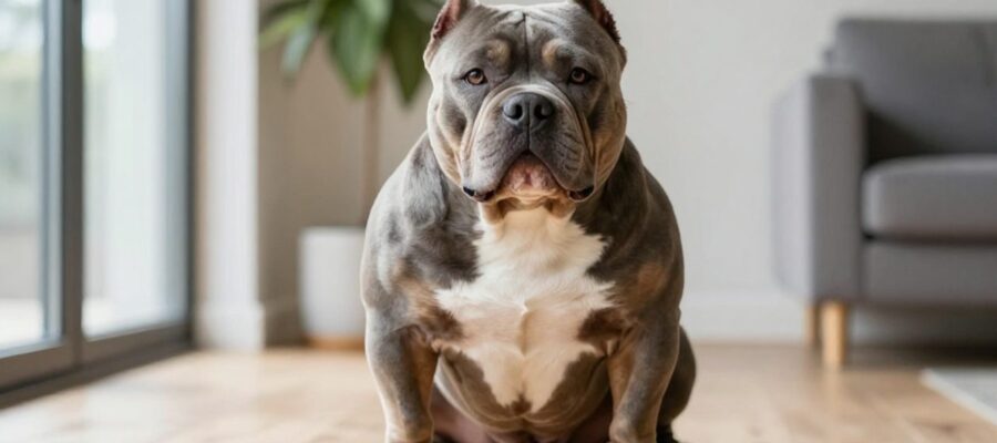 Perro American Bully de pelaje gris azulado sentado en una sala de estar moderna y luminosa.