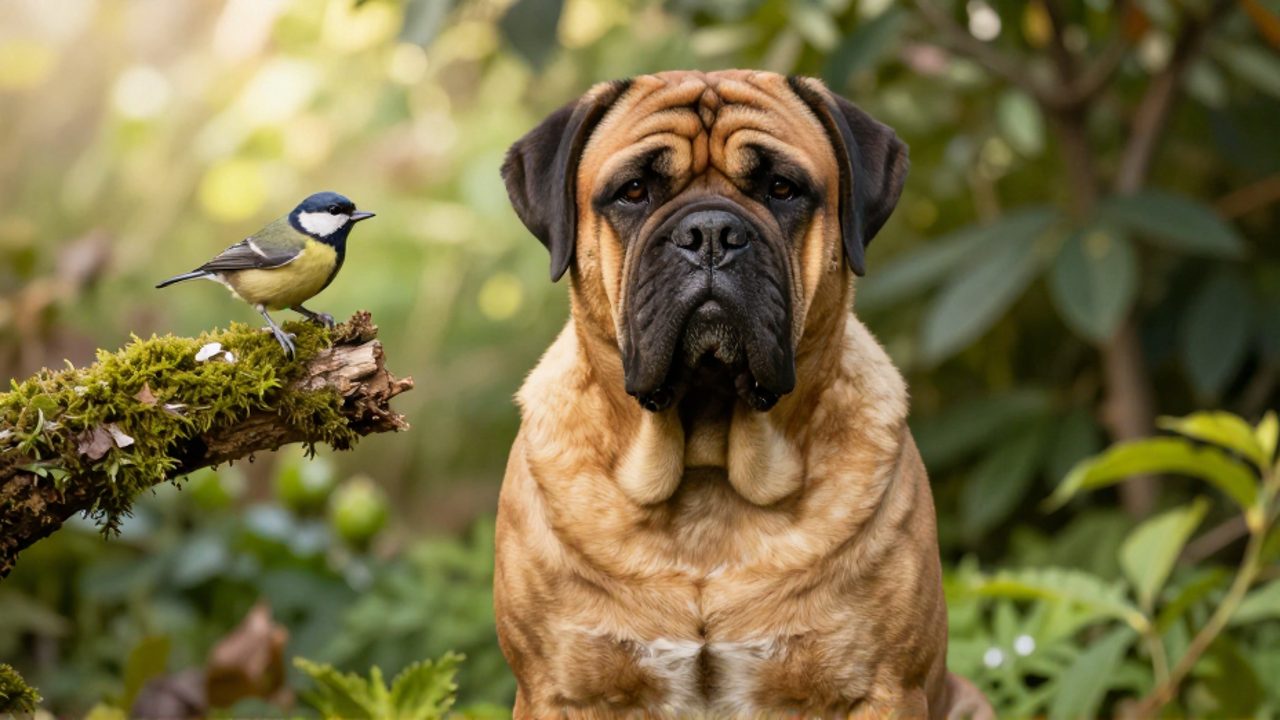 Mastín napolitano de piel arrugada sentado en un jardín soleado con un pequeño pájaro trepador posado en una rama al fondo.