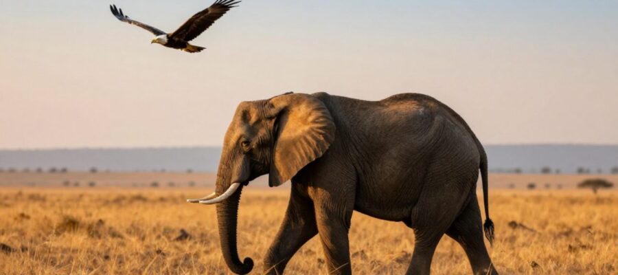 Un elefante africano camina por la sabana dorada bajo la luz del amanecer mientras un águila vuela a lo lejos en el cielo.