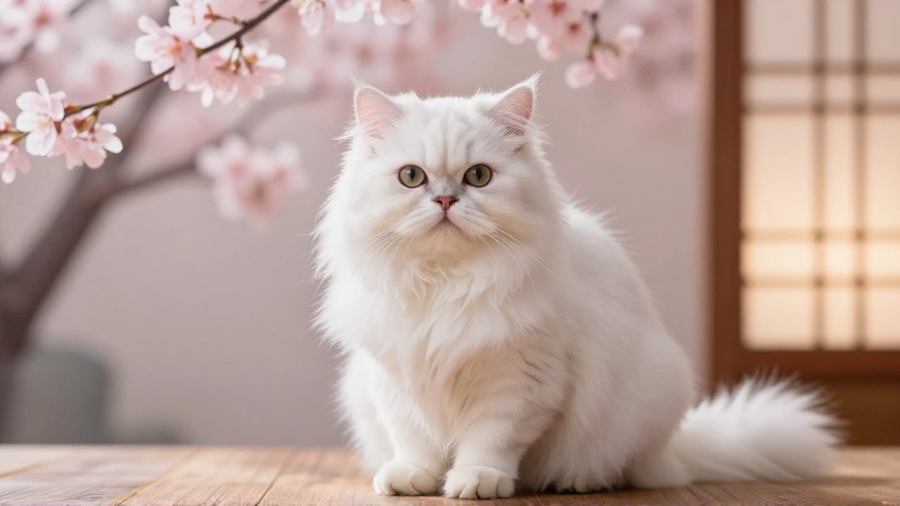 Gata blanca de pelo largo sentada con elegancia frente a ramas de cerezo en flor en un entorno de inspiración japonesa.