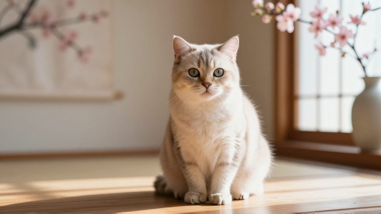 Gato elegante sentado sobre una superficie de madera en un interior de estética japonesa minimalista.