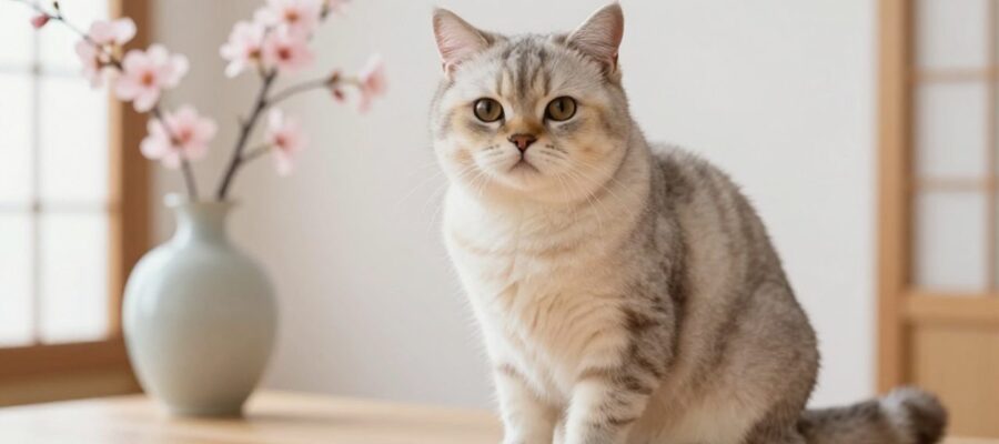 Gato de pelaje suave sentado con elegancia en una superficie de madera frente a un fondo luminoso con una rama de cerezo.