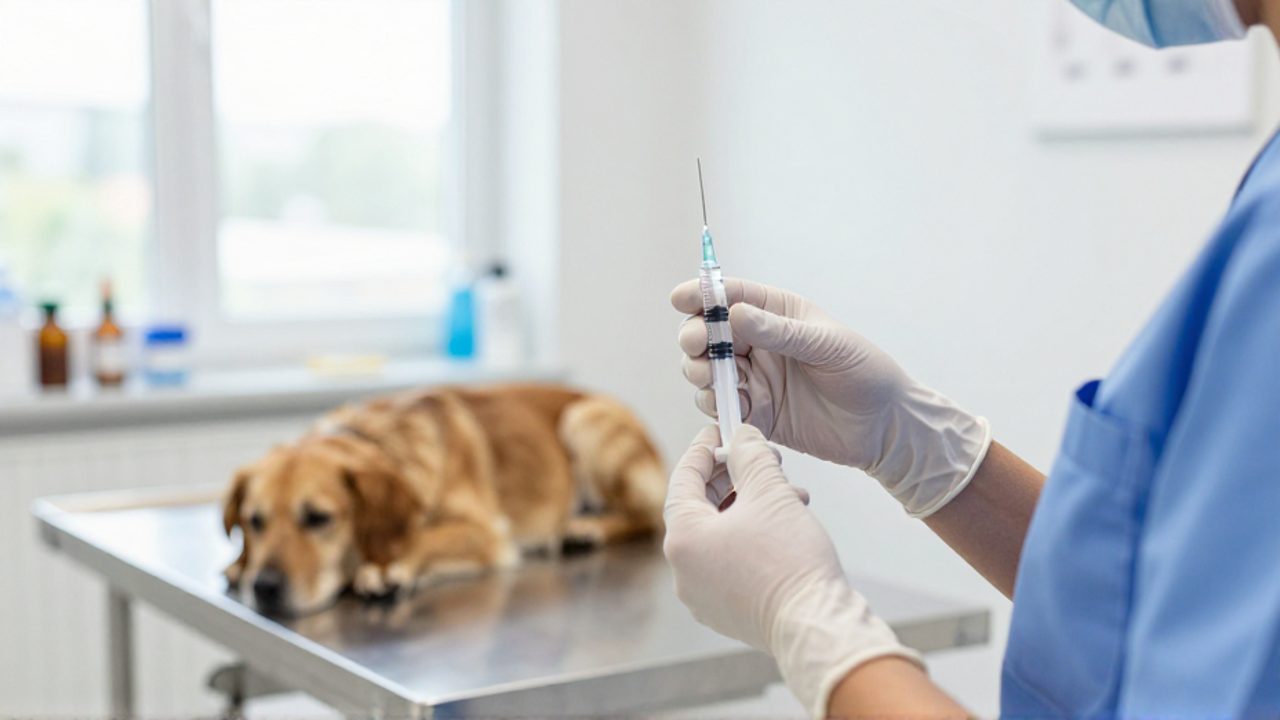 Veterinario preparando una jeringa con medicación líquida mientras un perro descansa sobre la mesa de exploración en la clínica.