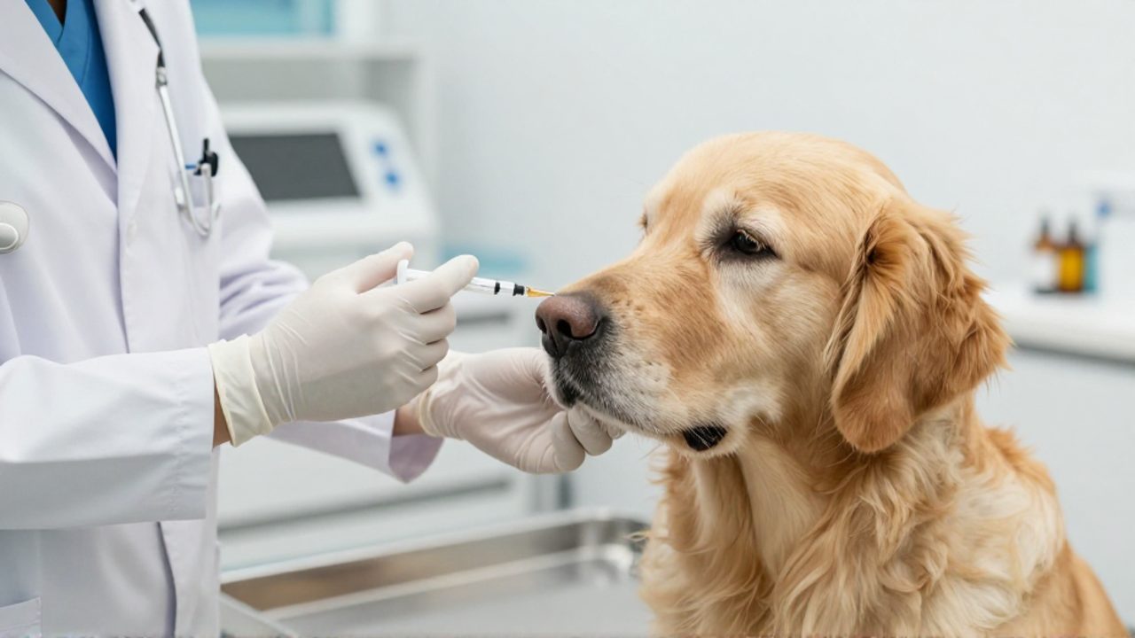 Un veterinario administra una medicación inyectable a un perro Golden Retriever en una clínica.