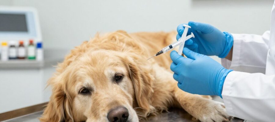 Un veterinario con guantes azules prepara una jeringuilla junto a un perro Golden Retriever que descansa tranquilamente sobre una mesa de exploración.