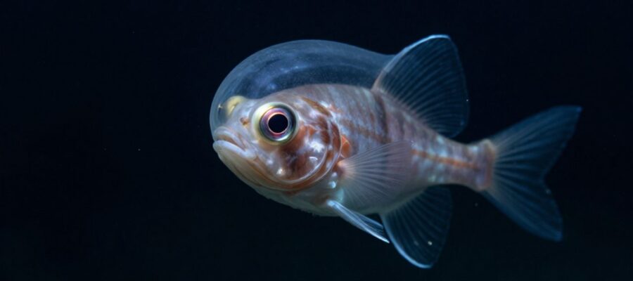 Pez barreleye con su cabeza transparente de domo fluido y ojos tubulares brillantes suspendido en la oscuridad del océano profundo.