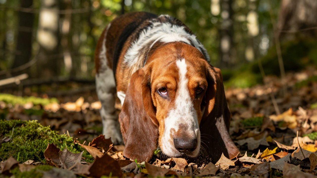 Un Basset Hound con la nariz pegada al suelo siguiendo un rastro entre hojas secas y musgo en un bosque iluminado por el sol.