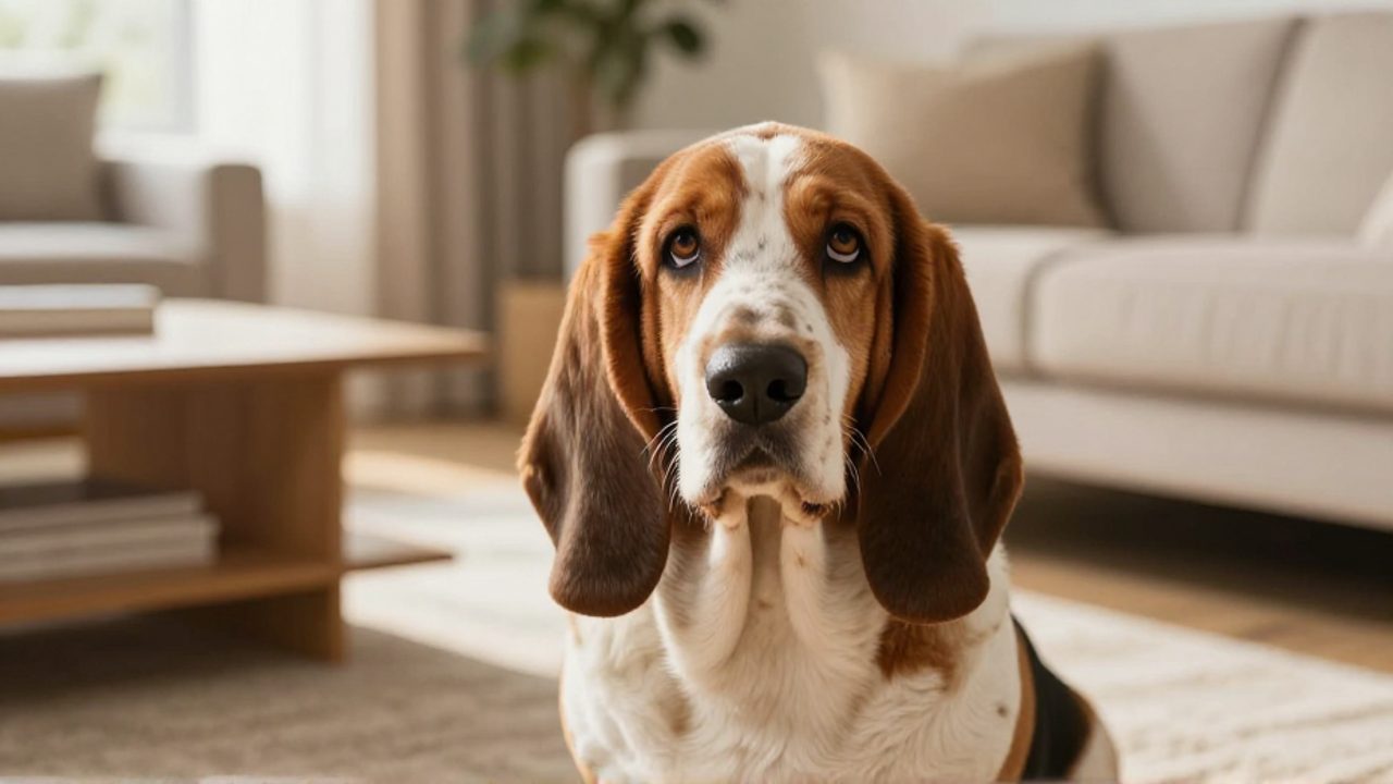 Un Basset Hound con expresión tranquila sentado en una sala de estar iluminada por el sol.