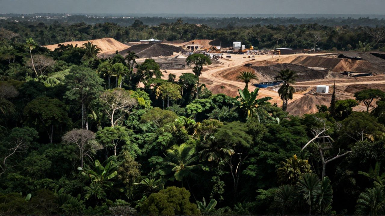 Paisaje dividido donde una selva tropical densa y vibrante se encuentra con un terreno deforestado y seco con maquinaria de construcción.
