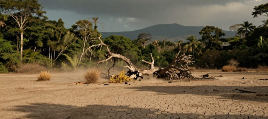 Paisaje mexicano fragmentado donde un bosque tropical desaparece frente a un terreno árido y agrietado con un tronco seco en primer plano.