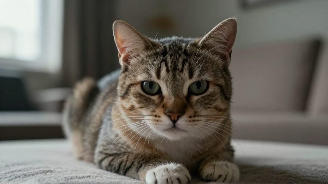 Gato doméstico con mirada de malestar y pupilas dilatadas sobre una superficie de tela en un entorno de hogar.