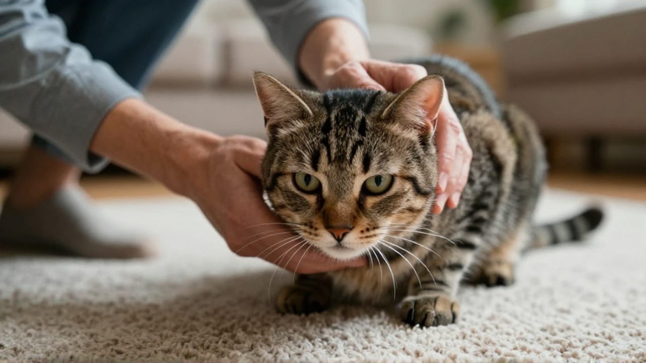 Dueño de mascota acerca sus manos con precaución hacia un gato atigrado que muestra signos de malestar en el suelo de una casa.