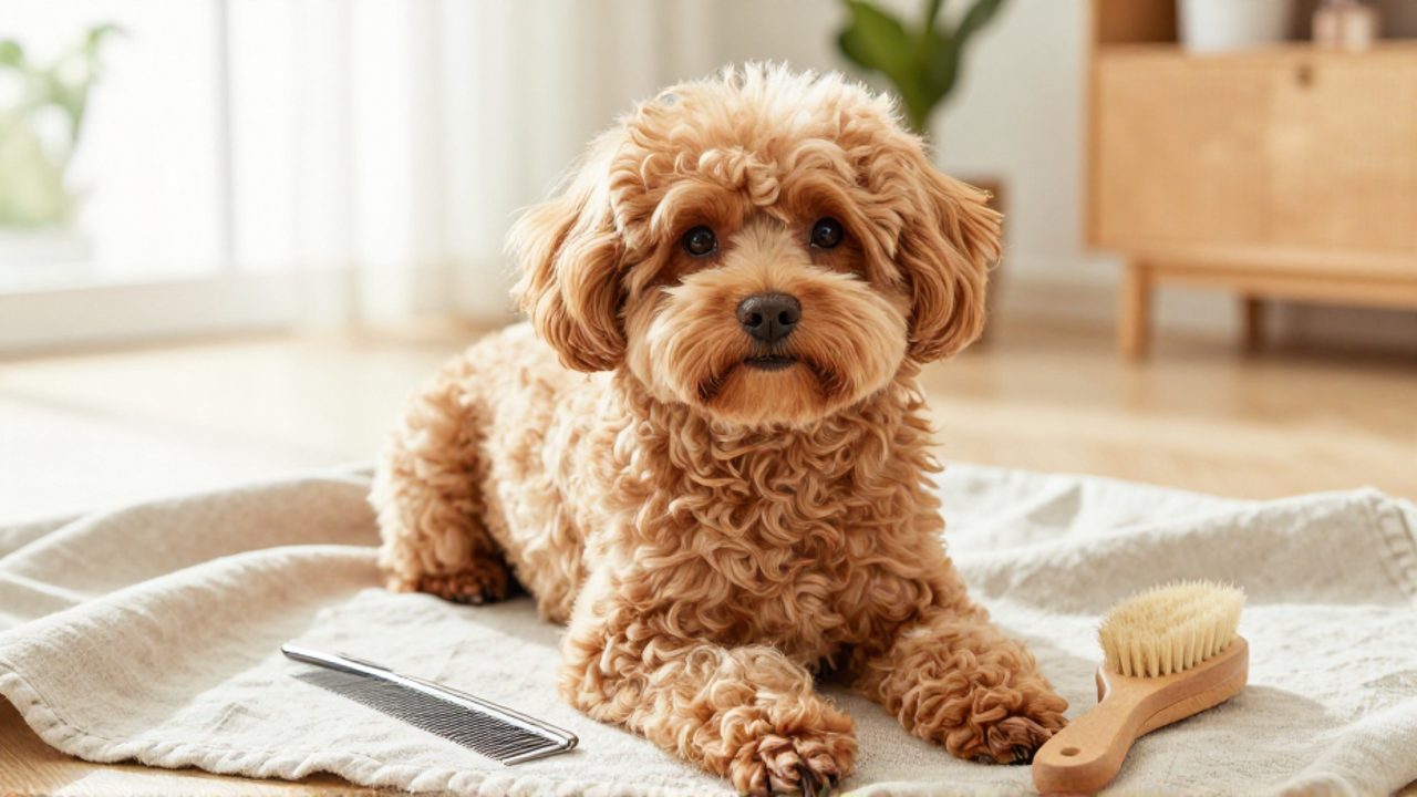 Perro Poochon de pelaje ondulado color albaricoque sentado junto a un peine y un cepillo de madera sobre una manta.