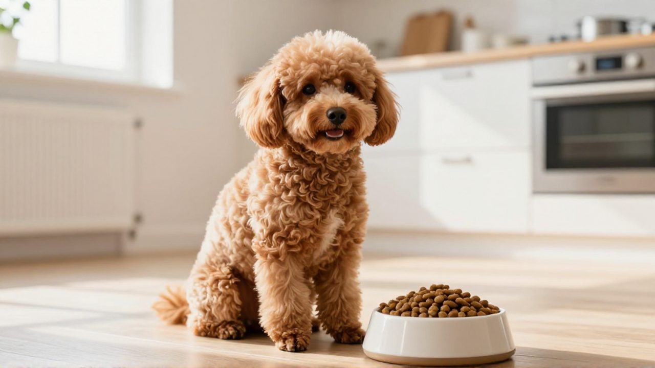 Perro Poochon de pelaje rizado color albaricoque sentado frente a su cuenco de comida en una cocina iluminada.