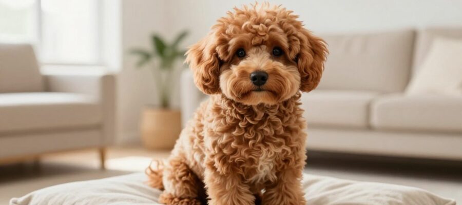 Perro Poochon de pelaje rizado color albaricoque sentado sobre un cojín en una sala de estar luminosa.