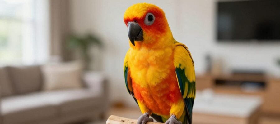 Un loro conure de colores naranja, amarillo y verde posado sobre una rama de madera en un entorno doméstico iluminado.