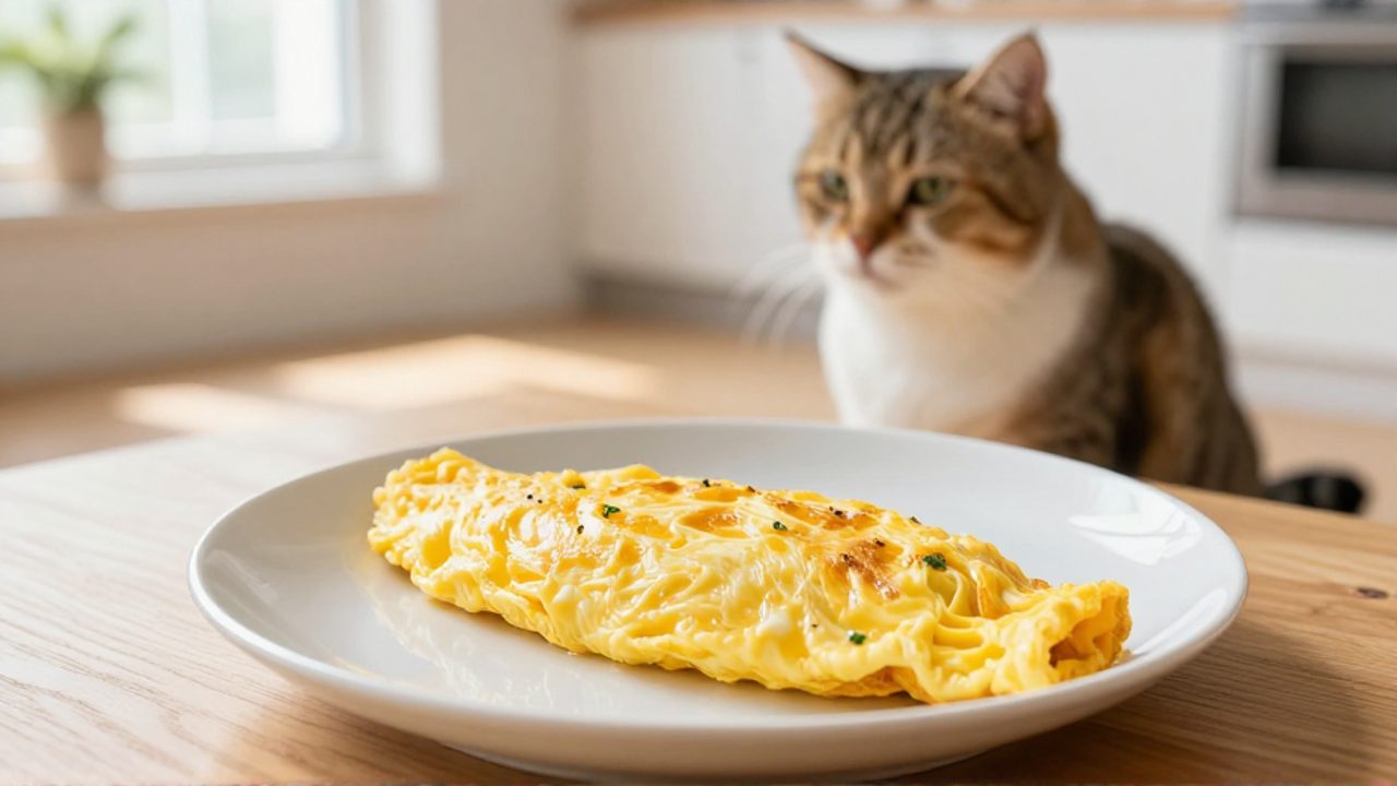 Un trozo de tortilla de huevo sin condimentos sobre un plato blanco frente a un gato que observa con curiosidad en una cocina iluminada.