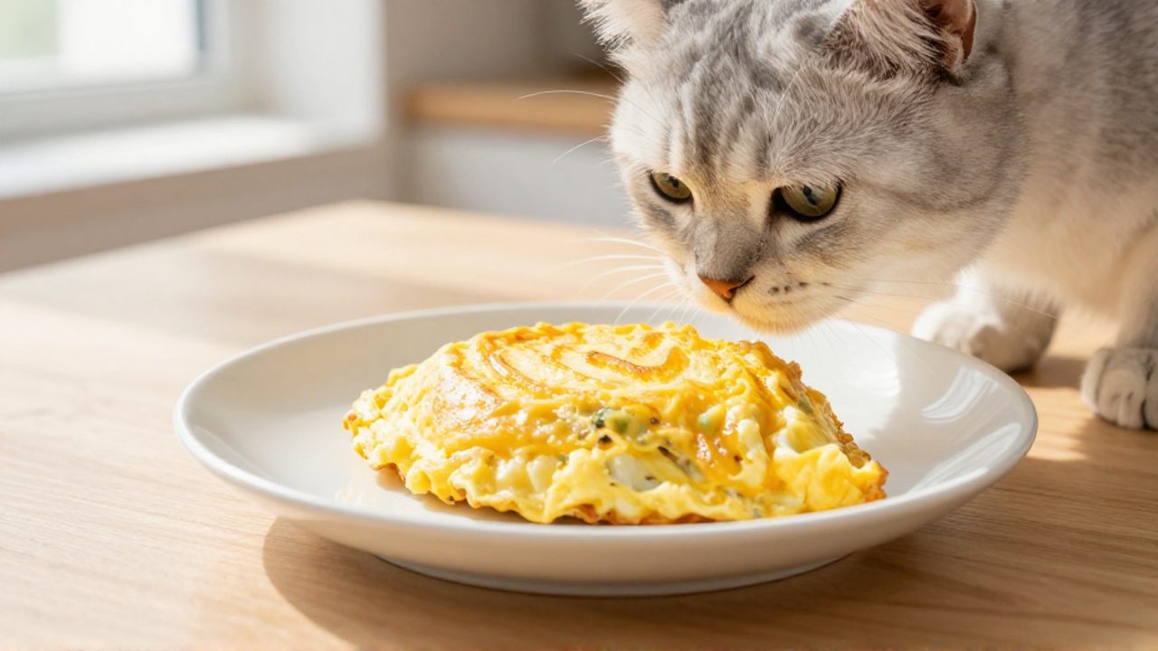 Un gato se acerca con curiosidad a un pequeño trozo de tortilla de huevo sin condimentos servido en un plato de cerámica.