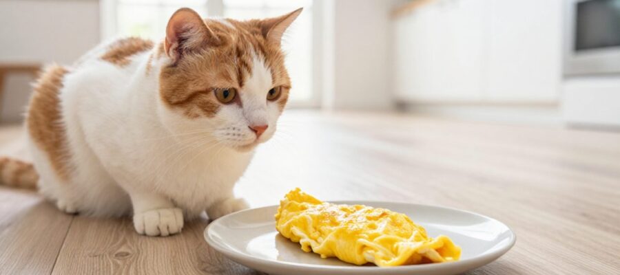 Un gato mira con curiosidad un trozo pequeño de tortilla de huevo sobre un plato en el suelo de una cocina.