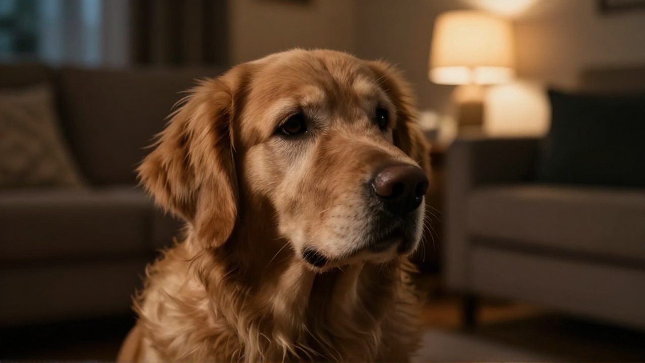Un perro Golden Retriever de edad avanzada con expresión de confusión y mirada inquieta en una sala de estar con luz tenue.