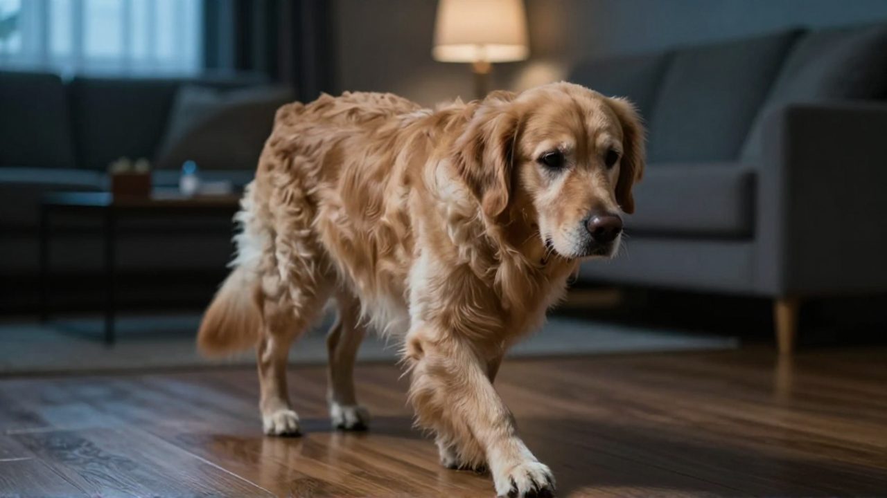 Un Golden Retriever camina con nerviosismo y postura tensa por el suelo de una sala de estar.