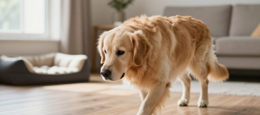 Un perro de raza Golden Retriever camina inquieto por el suelo de madera de una sala iluminada por el sol.