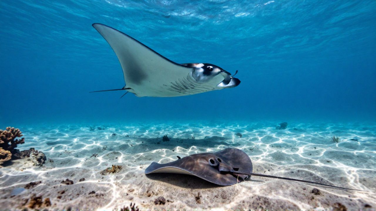 Una mantarraya nada en la parte superior de un océano azul claro mientras una raya descansa parcialmente enterrada en la arena del fondo marino.