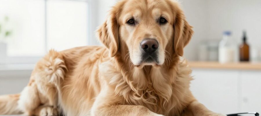 Perra Golden Retriever con expresión tranquila descansando sobre una superficie clínica en un entorno veterinario iluminado.