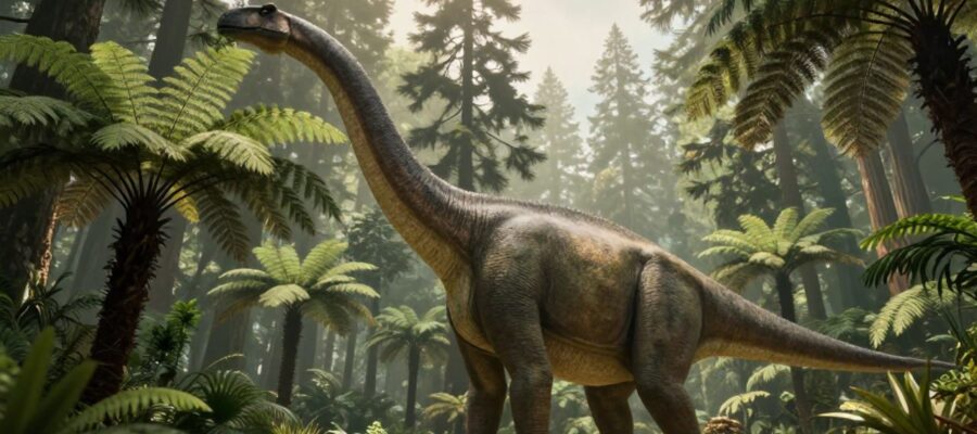 Un Braquiosaurio de gran tamaño estira su largo cuello para alimentarse de las copas de los árboles en un denso bosque prehistórico.