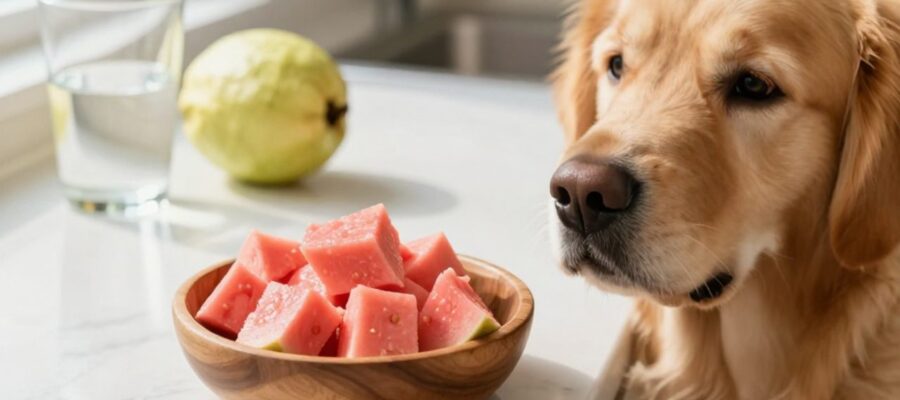 Un perro Golden Retriever curioso observa un cuenco de madera con trozos de guayaba fresca sobre una encimera de cocina.