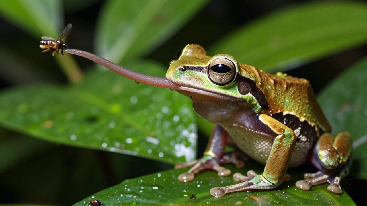 Una rana arborícola extiende su lengua pegajosa para capturar un insecto en medio de la vegetación tropical.