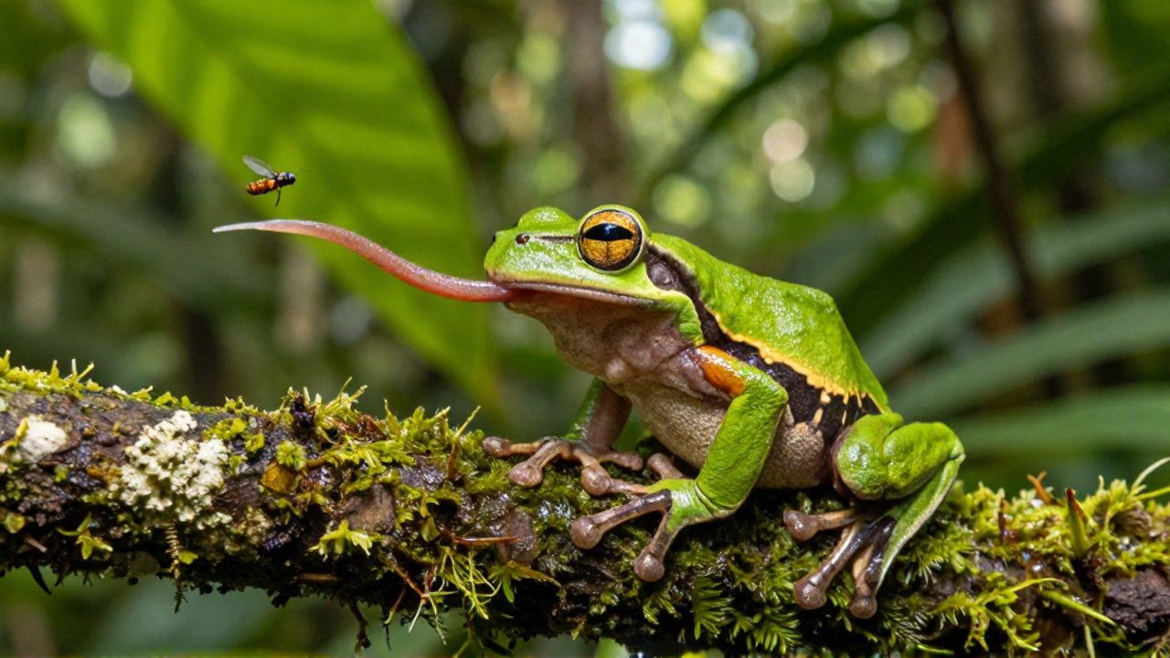 Una rana de árbol de colores brillantes lanza su lengua para atrapar un insecto en vuelo sobre una rama con musgo en la selva.