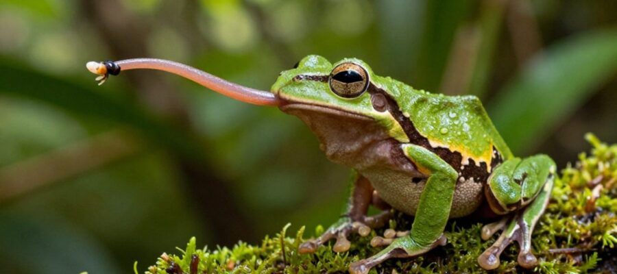 Una rana de árbol colorida extiende su lengua para capturar un insecto sobre una rama con musgo en un entorno selvático.