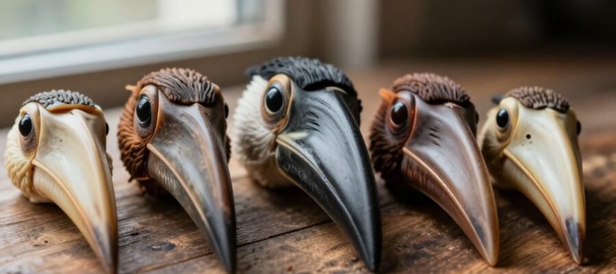 Diversidad de picos de aves con distintas formas, desde robustos y cónicos hasta ganchudos y delgados, dispuestos sobre una superficie de madera.