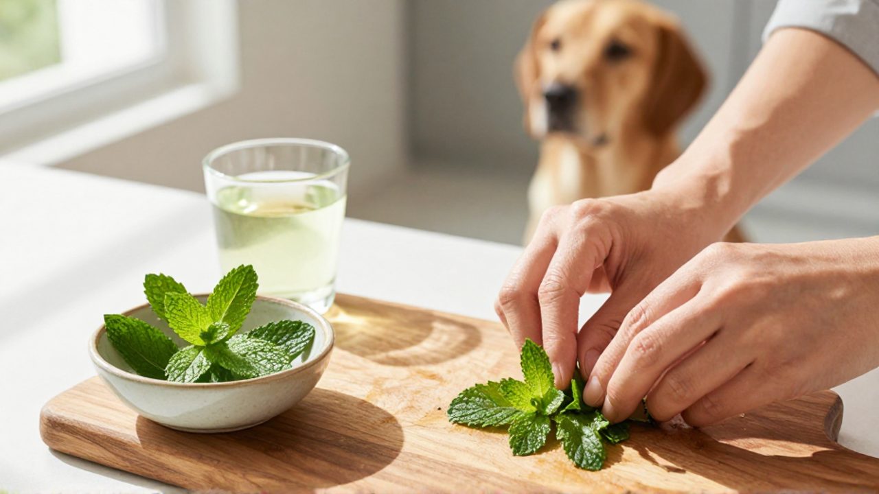 Manos picando hojas de hierbabuena fresca sobre una tabla de madera junto a un perro que espera pacientemente al fondo.