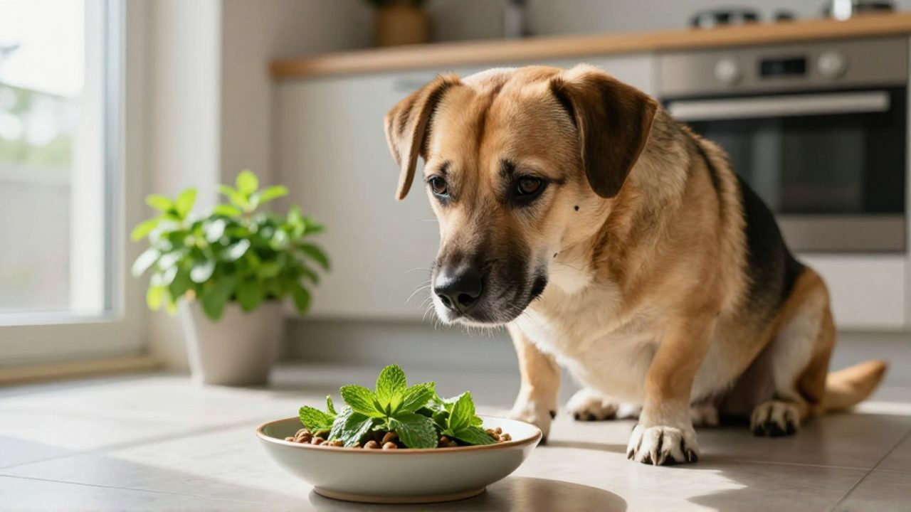 Un perro observa con precaución un cuenco de comida mezclado con hojas de hierbabuena picadas en una cocina luminosa.