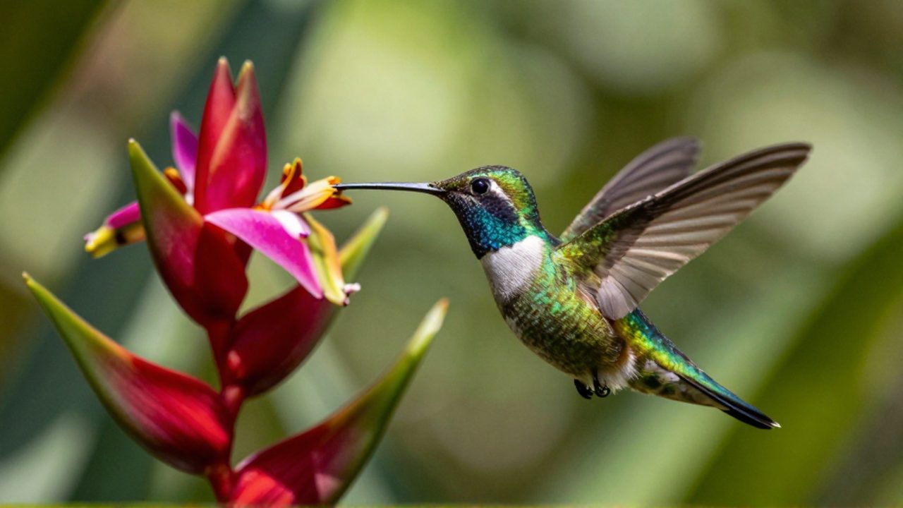 Colibrí con plumaje iridiscente alimentándose del néctar de una flor tropical en un entorno de selva.