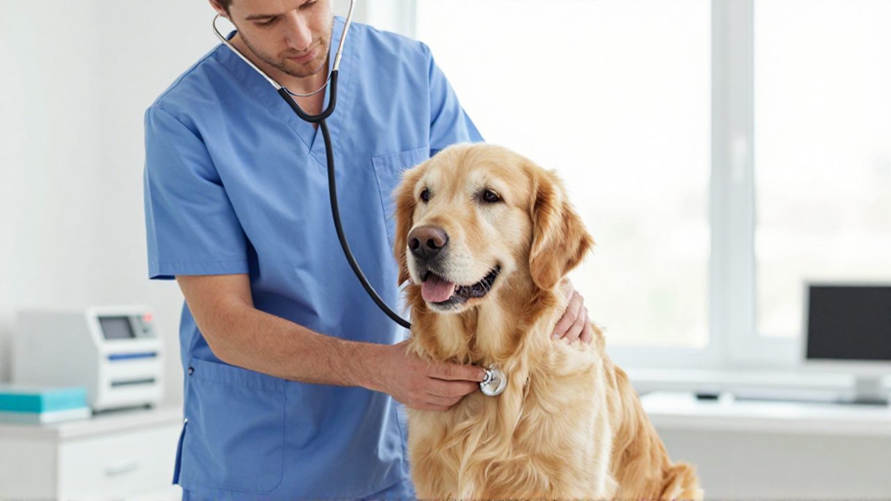 Veterinario con uniforme azul utiliza un estetoscopio para examinar el pecho de un perro Golden Retriever en una clínica.
