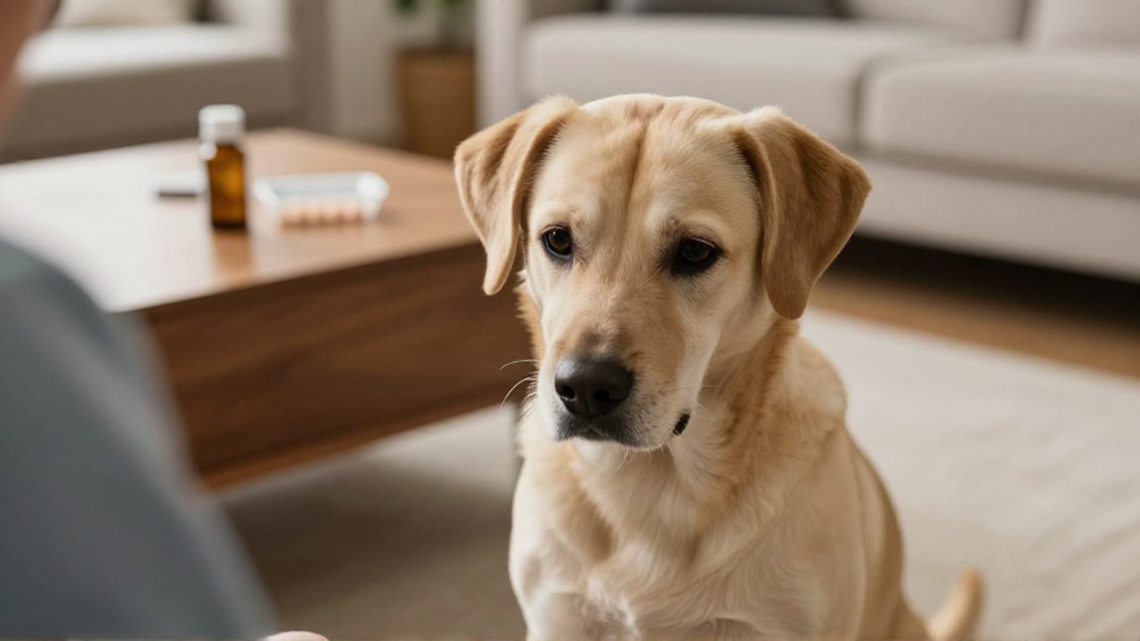 Perro con expresión de ansiedad y orejas bajas sentado en una sala, con un frasco de medicamentos veterinarios desenfocado al fondo.