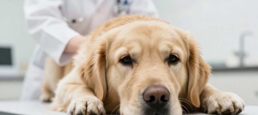 Un perro Golden Retriever descansa con tranquilidad sobre una mesa de exploración en una clínica veterinaria.
