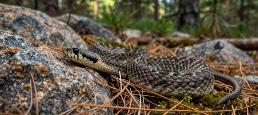 Una serpiente de cascabel enroscada entre rocas de granito, agujas de pino y musgo en una zona de transición entre desierto y bosque.