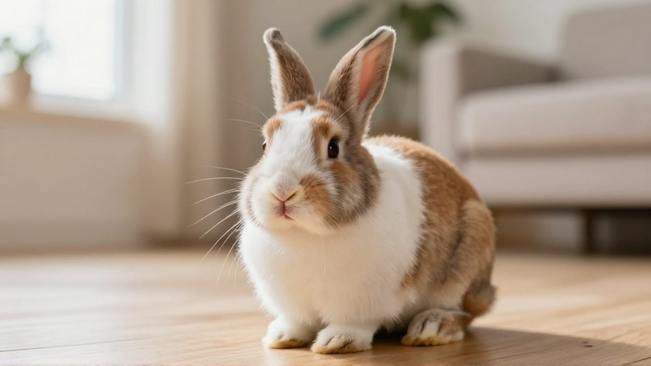 Conejo de raza Holland Lop con pelaje marrón y blanco sentado sobre un suelo de madera en una sala de estar acogedora.
